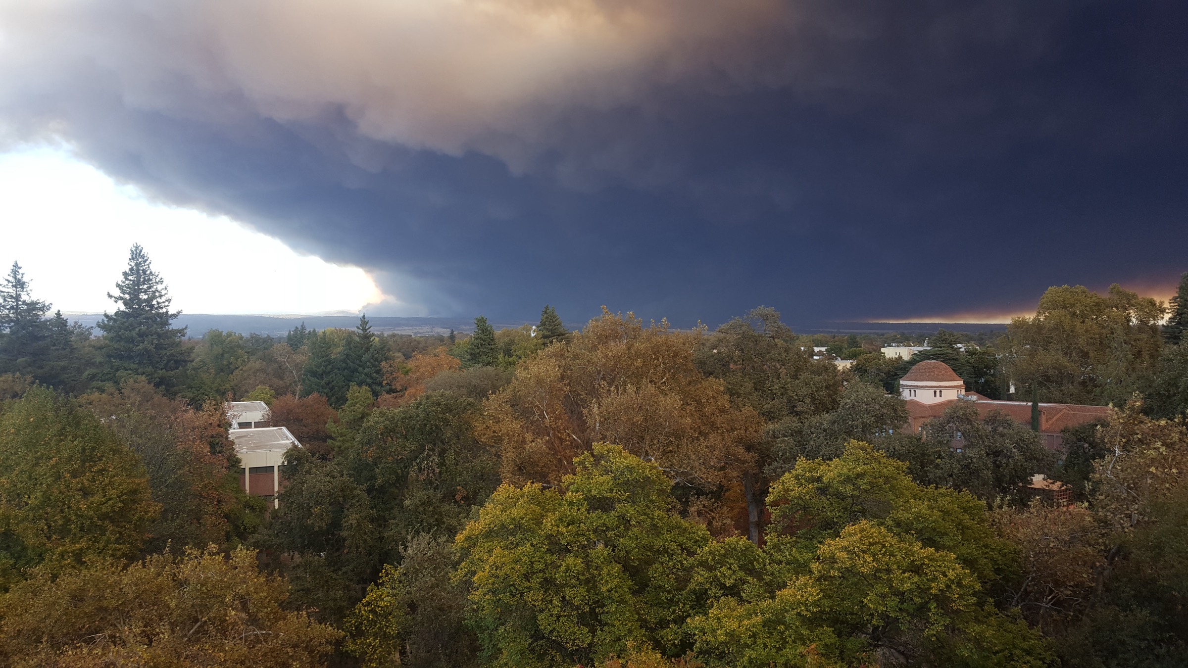 A towering smoke column from the 2018 Camp Fire looms over the treetops of Chico, California as residents evacuated — photo by Wikimedia Commons user Test Subject 51, CC BY-SA 4.0